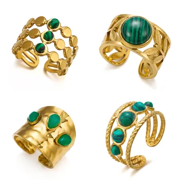 Anelli Impilabili in Acciaio Inossidabile per Donne, con Turchese, Foglia Traforata, Finitura Martellata, Fascia Larga, Stile Bohémien, Aperti, Vintage, Gioielli da Dito, Regalo
