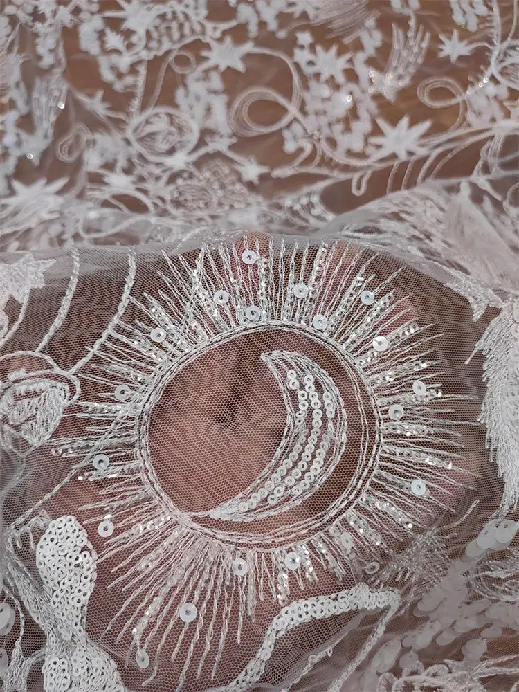 French Embroidery Bead Sequins Irregular Lace Mesh DIY Wedding Dress Lace Clothing Fabric