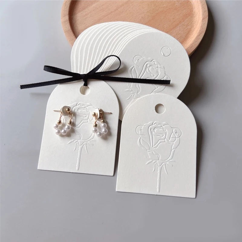 White Semi-Circle Embossed Rose Hair Clip Earring Display Cards with Bow 50Pcs Kraft Paper Jewelry Packaging DIY Small Business
