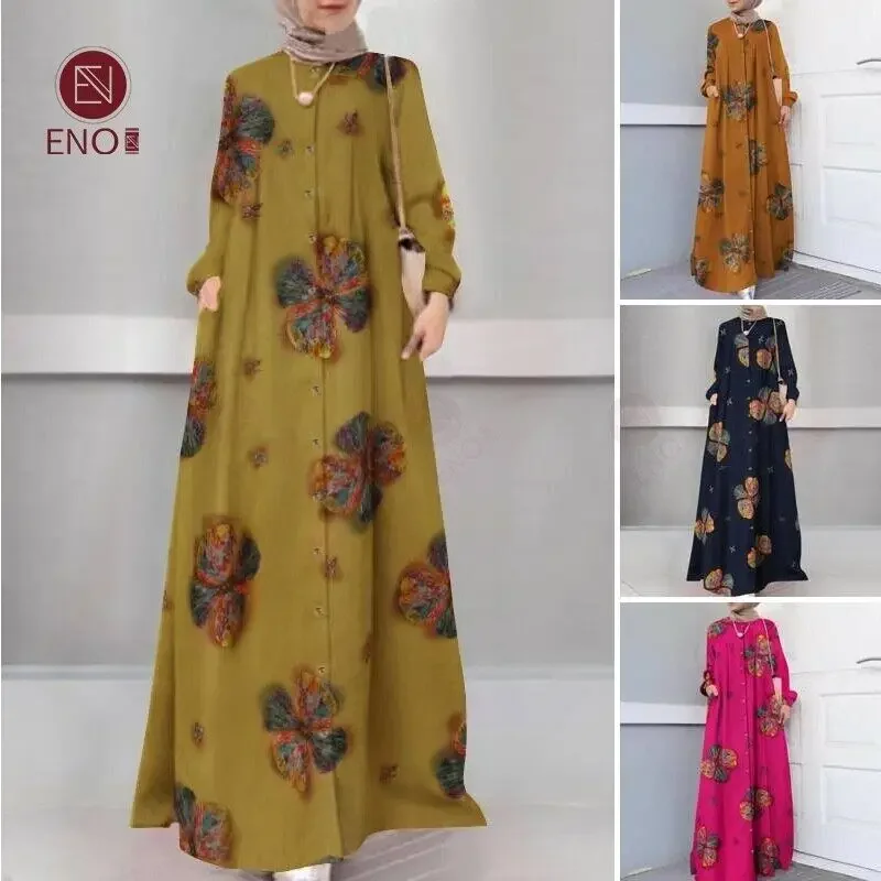 Eno Cotone E Lino Donna Muslimah Dress Stampato Button Down Tasche Laterali Anteriori Abiti Lunghi Musulmani