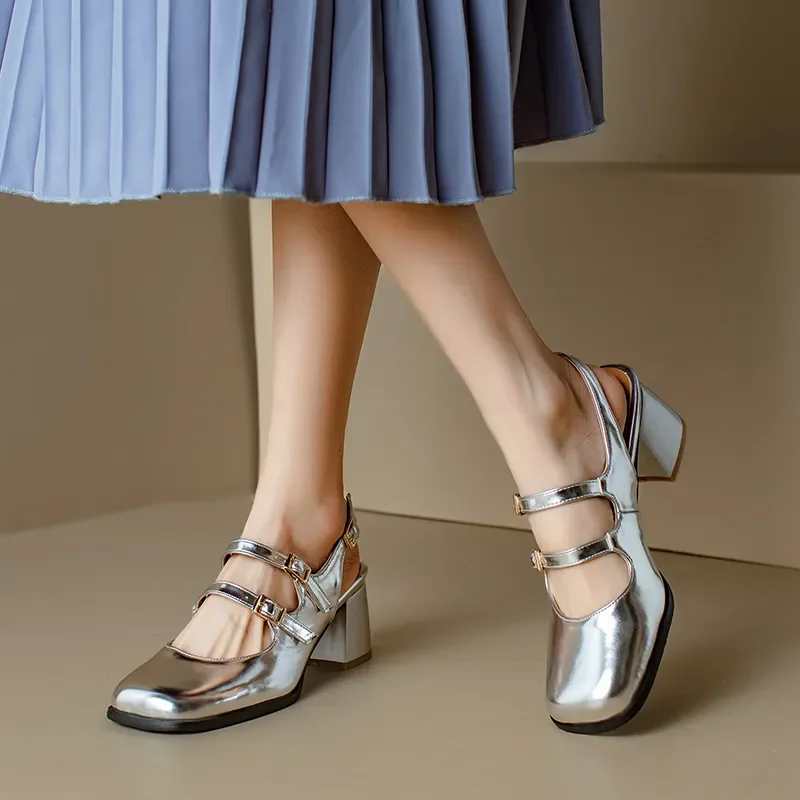 

Plus Size 44 45 46 Black Silver Chunky High Heels Mary Jane Shoes Women Square Toe Double Buckle Pumps Slingback Ladies Sandals