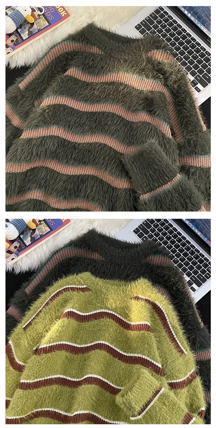 Description Picture 2 of item2024 Autumn Winter Men Fashion Warm Sweater Loose Tops Male Long Sleeve Striped Jumpers Mens Round Neck Knit Oversized Top S275