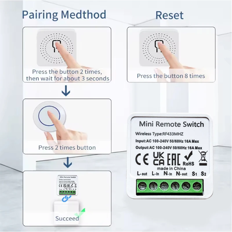 RF 433MHZ Smart Universal Wireless Switch 16A Relay Breaker 2-Way Control Mini Remote Controls AC100-240V DIY Smart Home Devices