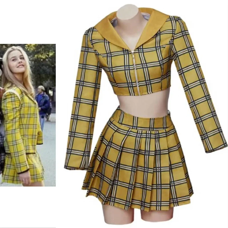 

Movie Clueless Cher Horowitz Cosplay Costume Dress School Uniform Yellow Plaid Girl Crop Top Skirt Suit Outfit