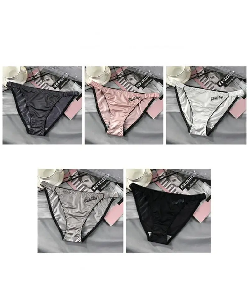 Women Satin Ice Silk Panties With Letter Embroidery Elastic Waistband Lace Trim Briefs Breathable Underpants 2