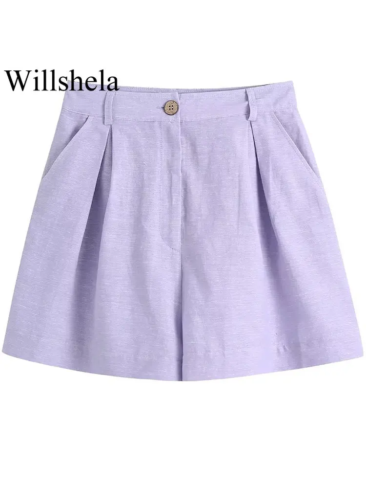 

Willshela Women Fashion Purple Pleated Front Zipper Mini Shorts Vinatge High Waist Female Chic Lady Shorts