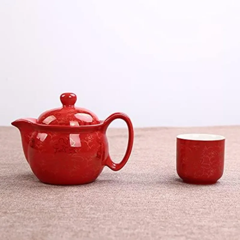 Chinese Traditional Wedding Decoration Supplies Double Happiness Porcelain Tea Set Teapot and Tea Cup 7 Pcs, Red Wedding