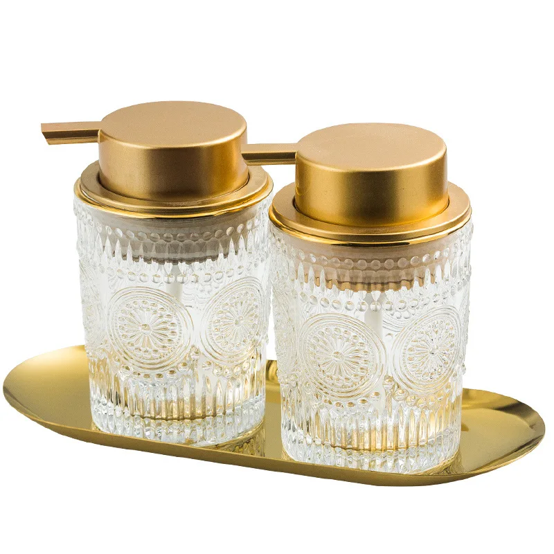 European Glass Soap Bottle Golden Stroke Decorative Desktop Shampoo Press Bottle Set Modern Relief Home Bathroom Accessories soap dispenser,shampoo dispenser