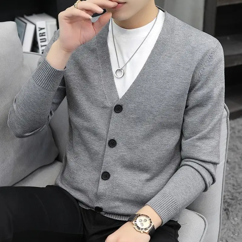 Autumn Winter New Men Sweater Coat V-Neck Solid Single Breasted Korean Fashion Casual Slim Long Sleeve Cardigan Knitted Tops 5