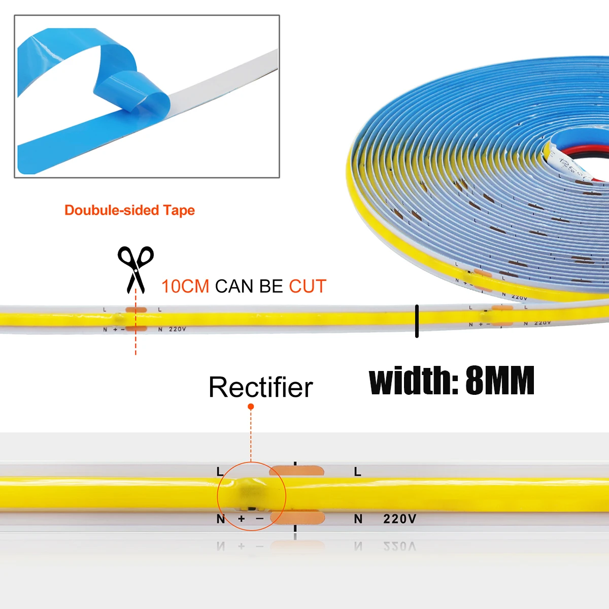 Premium Flexible COB LED Light Strip, 240 LEDs/m, with Built-In Driver