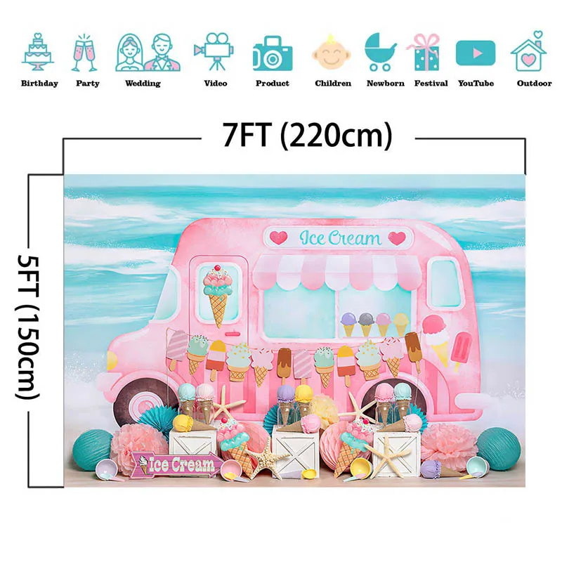 Verão Rosa Sorvete Caminhão Fotografia Backdrop Cone Sobremesa Decoração Crianças Aniversário Festa Bolo Smash Fundo Photo Studio Props - Image 5