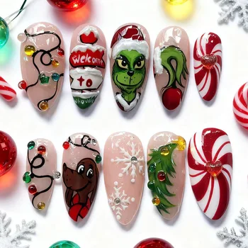 24PCS Christmas Green Monster Hair Wearable False Nails 1