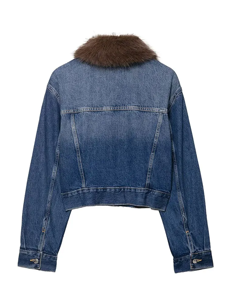 HH 2025 Autumn Women Denim Jacket Single Breasted Long Sleeve Faux Fur Collar Denim Jacket Coat Fashion Elegant Woman Outerwear