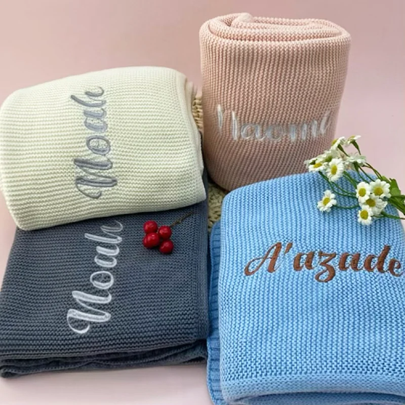 Personalized Knitted Blanket Embroidered Baby Name Stroller Cover Kids Cotton Nap Blanket for Newborn Shower Gifts 4