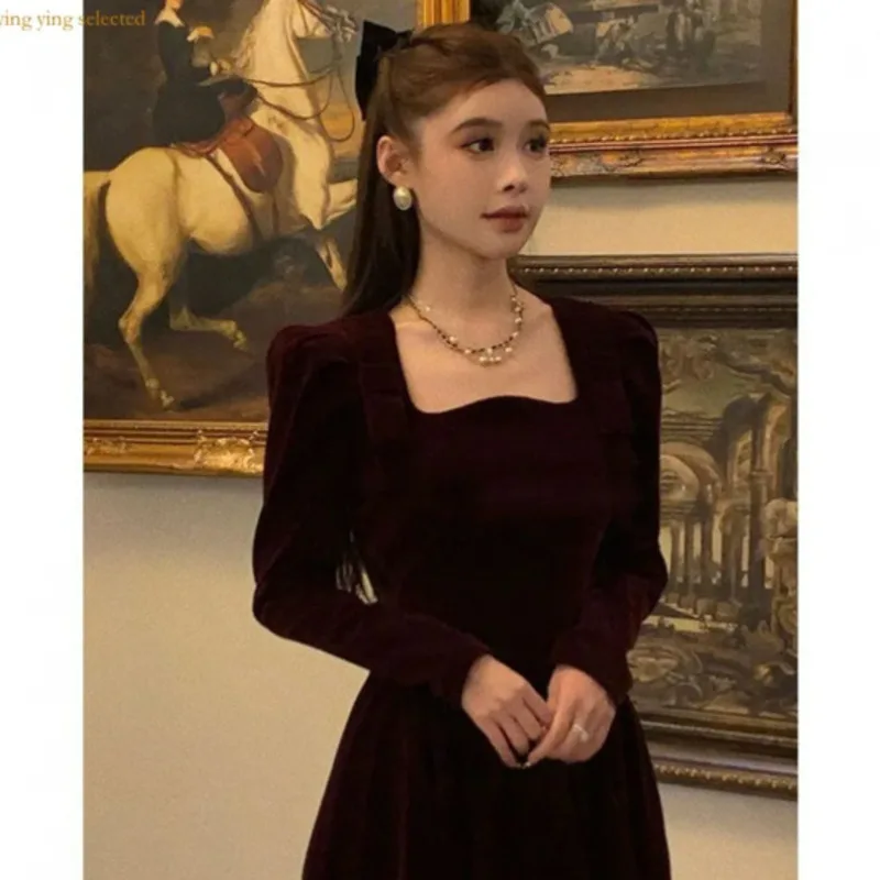 

Y-Y French Vintage Christmas Red Velvet Dress Square Collar Evening Party Prom Vestidos Women Elegant Autumn Winter Clothes