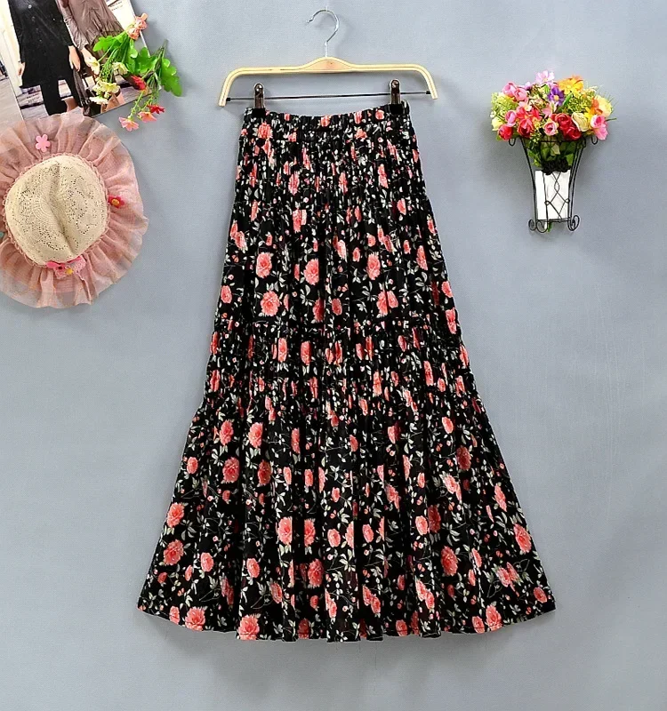 Muslim Women Summer Elegant Floral Printed Black Midi Long Chiffon Skirts Ladies Spring Streetwear High Waist  Muslim Skirt