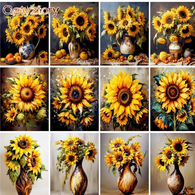 

GATYZTORY Picture By Numbers Sunflower Flower Oil Paint Kits Handmade DIY Gift Foe Adults Children 60x75cm Frame Home Decoration