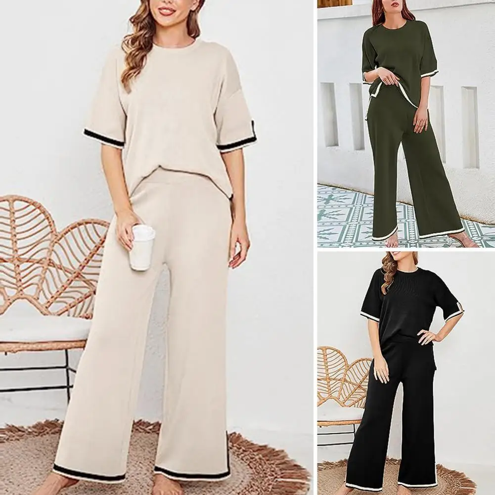 

Women Loose Fit Tops Pants Set Chic Comfy Women's Knit Lounge Sets O-neck T-shirt High Waist Pants with Side Split Wide Leg