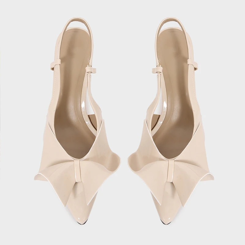 Women High Heels Sandals Beige Elegant Bow Decoration Stilettos Pointed Toe Summer Slingbacks Office Lady Shoes Patent Leather women high heels shoes