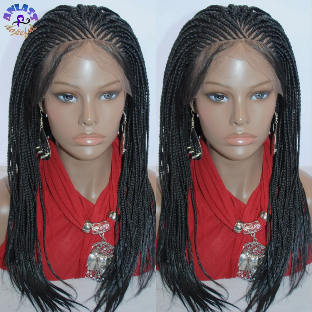 

Black Color Lace Frontal Cornrow Braids Wig Micro Box Braids Wig Africa American Women Style Synthetic Braids Wig Lace Front