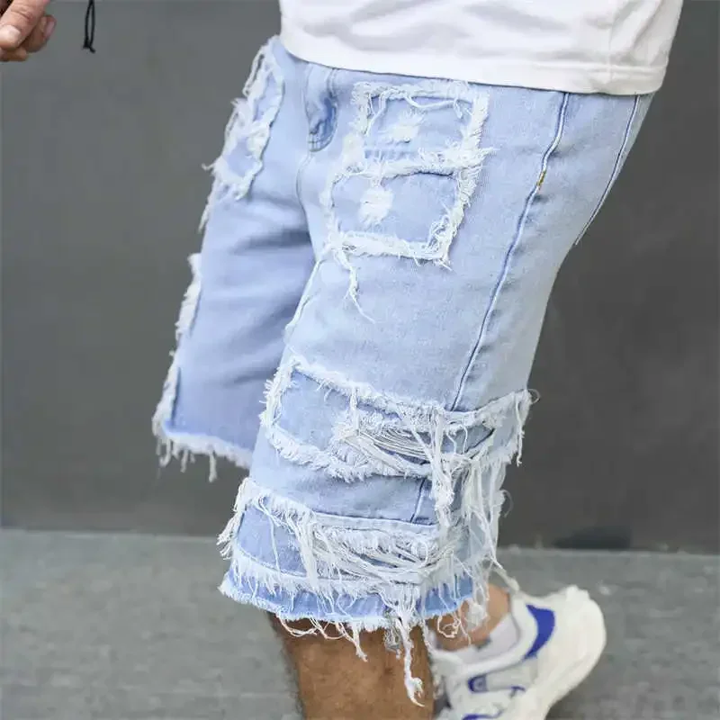Denim Hole Knee Length Men Washed Jean Mid Waist Spliced Ripped Pockets Loose Fit Distressed Straight Pants Casual Shorts