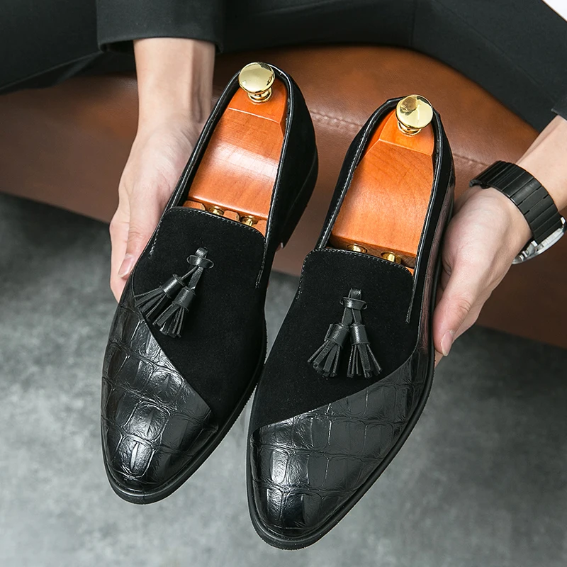 handmade black leather simple unique loafer slips on taseels men