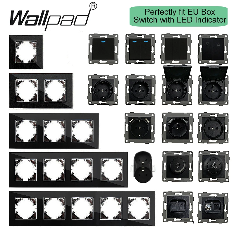DIY Black Crystal Glass Push Button Switch with Neon 16A EU Poland Socket with USB Fan Dim Cat6 Data Satellite Outlet Wallpad