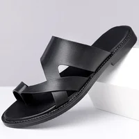 Summer 2025 New Large Size Casual Flat Bottom Slippers Sandals Independent Cross Toe Flat Sandals Men Rubber Sole Synthetic Uppe