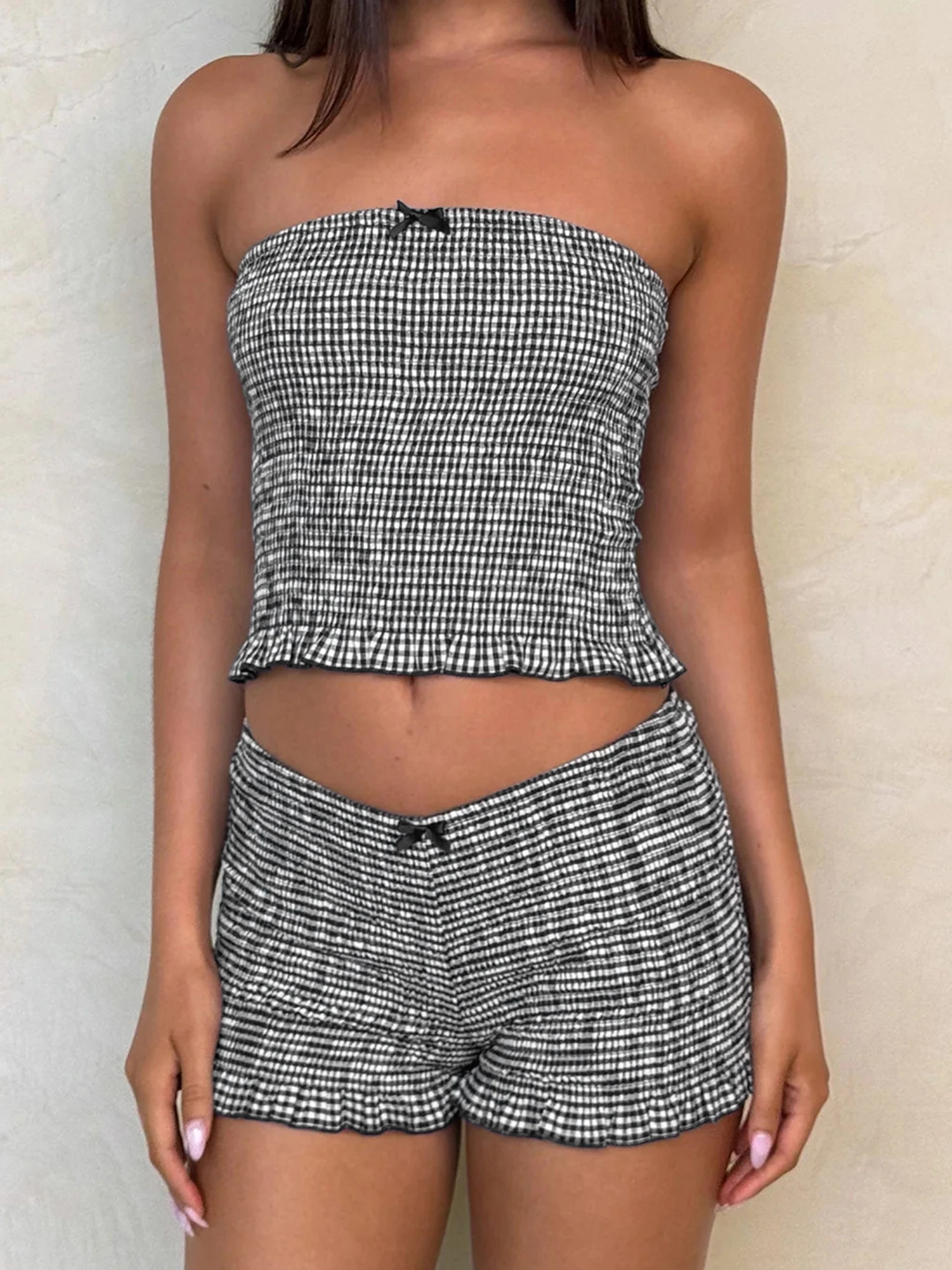 Striped Ruffled Pajama Sets for Women Lightweight Off Shoulder Short Sleeve Top and Capri Pants Cozy Loungewear Set