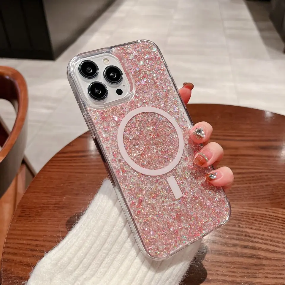 Custodia Per IPhone 15 Plus Con Brillantini E Paillettes – Mag-Safe, Trasparente, TPU Morbido, Antiurto, Rosa - 2