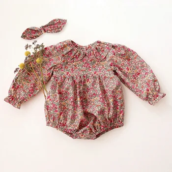 2Pcs Newborn Baby Girl Romper +Hairband Cotton Floral Lapel Floral Newborn Rompers Infant Onepiece Fashion Baby Clothing 1