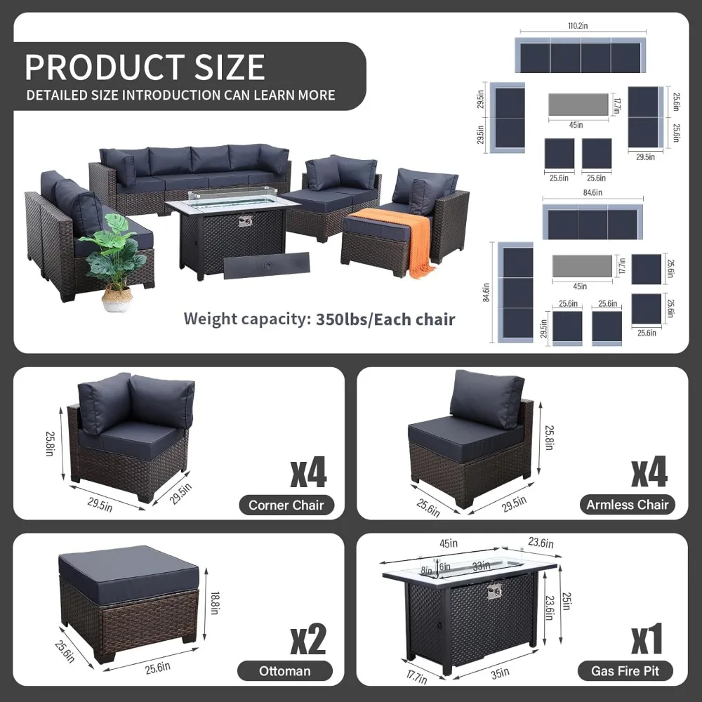 Outdoor Patio Furniture Set 11 Piece Dark Brown Rattan Sectional Sofa PE Wicker Conversation Chairs with 45" Propane Fire 4