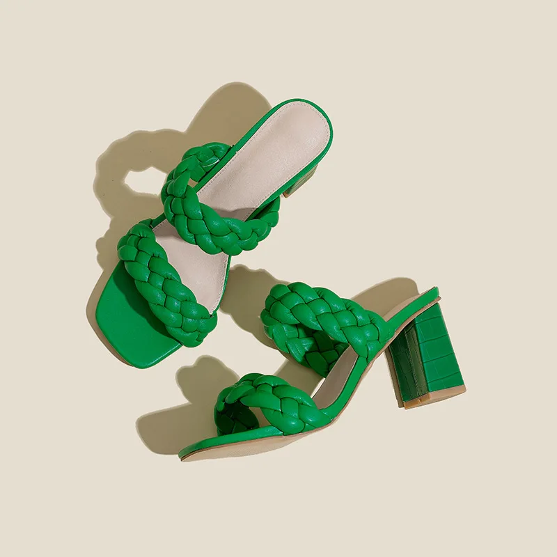New Arrive Fashion Solid PU Weaving Square Open Toe High Heel Women Mules Rome Sandals Ankle Slip-On Summer Slippers Women
