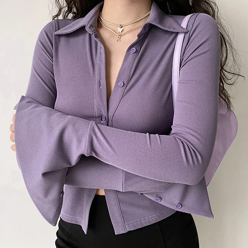 Elegant Fashion Button Blouse Office Ladies Vintage Flared Long Sleeve Shirt Polo Turn Down Collar Solid Purple Korean Style Top