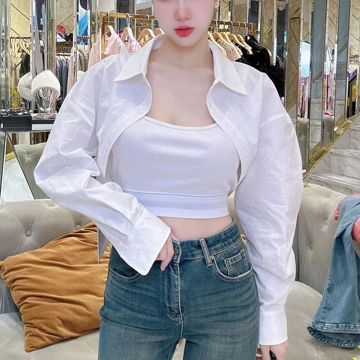 

167065 Fashion Classic Trendy Luxury Designer Early Autumn New Two Piece Tank Shirts Blouse Female A2