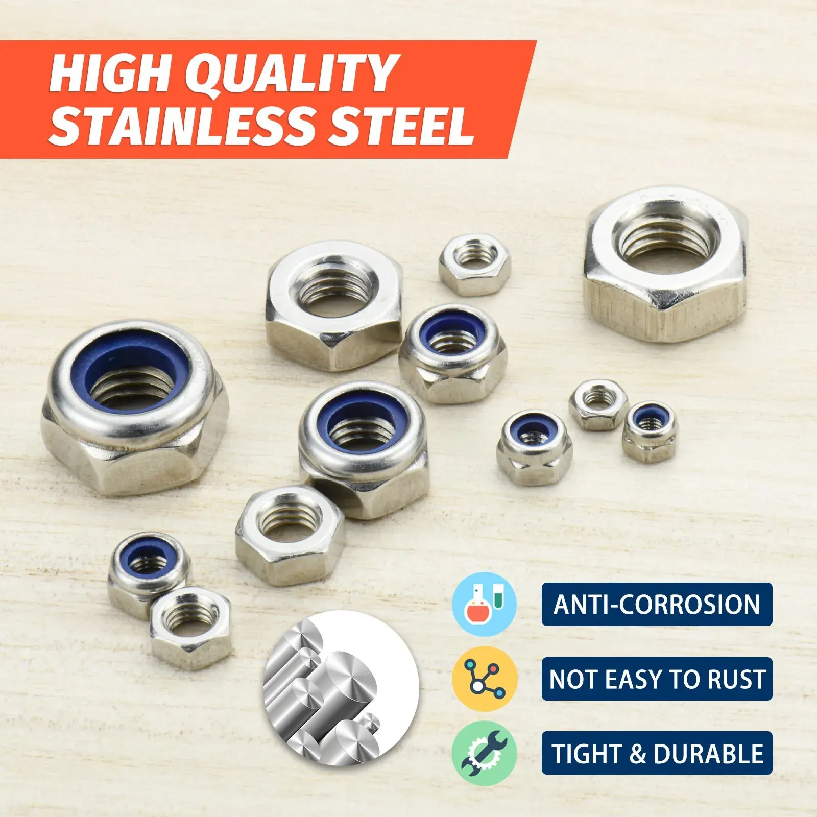 175pcs Nylon Insert Lock & Hex Nut Assortment Kit M3 M4 M5 M6 M8 M10 Stainless Steel, nylon lock nut