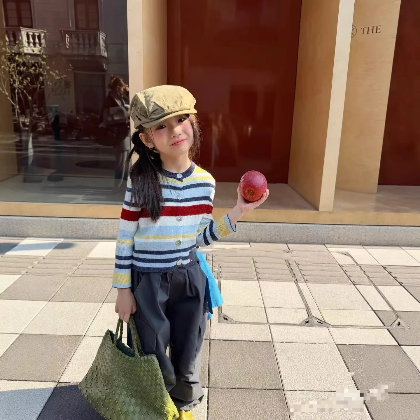 여아 2026 봄 신상 라운드넥 레트로 배색 레인보우 스트라이프 니트 스웨터 가디건 코트