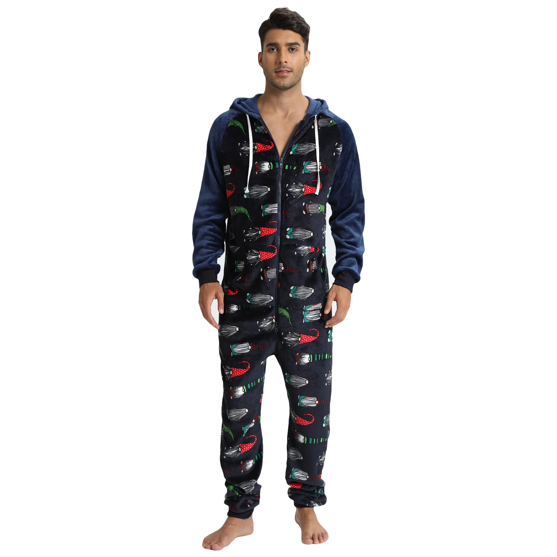 Autumn Winter Warm Men's Pajama Set Hoodies Overalls Men Halloween Print Onesies Zipper Jumpsuit Long Sleeve Male Clothes