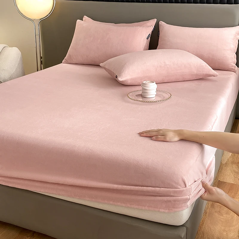 Warm and Thick Elastic Fitted Sheets Solid Color Adjustable Flannel Winter Mattress Cover Velvet Bed Linens 90/160/180/200 Sizes 4