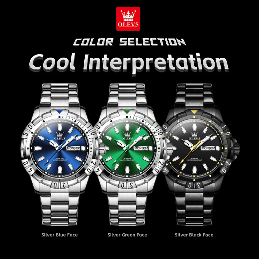 OLEVS Original Quartz Watch for Men Stainless Steel Men's Watches Dual Calendar Dial Waterproof Luminous Wristwatch Reloj Hombre
