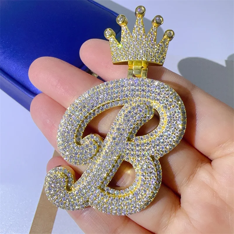 Hiphop Rock Iced Moissantie BP Letter Crown Pendant Pass Diamond Tester 925 Sterling Silver Plated 18k Gold Custom Jewelry