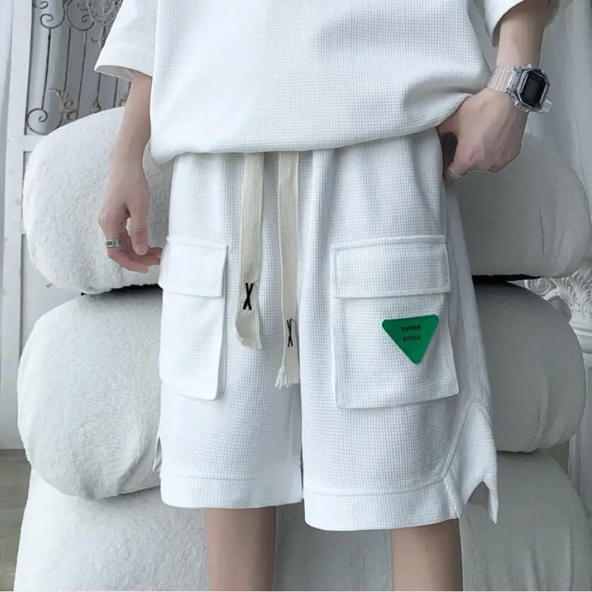 Short Sleeve Polo Shirts+Shorts Fashion Waffle Loose Casual Men's Sets Simple Turn Down Collar Streetwear Green Plus Size 5XL-M