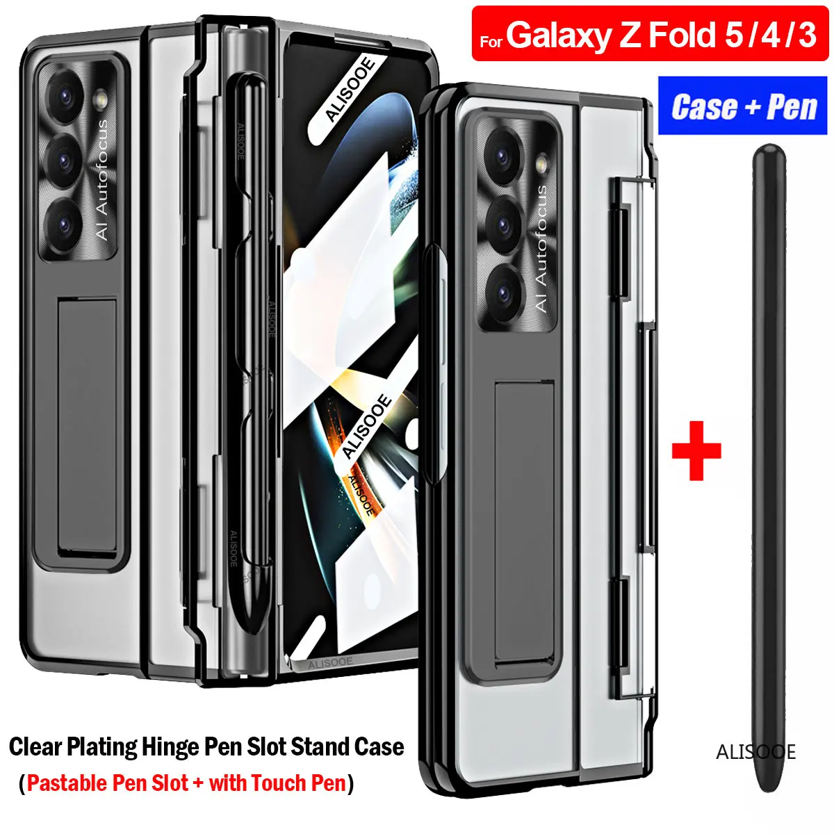 

Touch Pen Capa for Samsung Galaxy Z Fold 5 Fold 4 3 Case Hinge Transparent Plating Stand Cover Pastable Pen Slot & Front Glass
