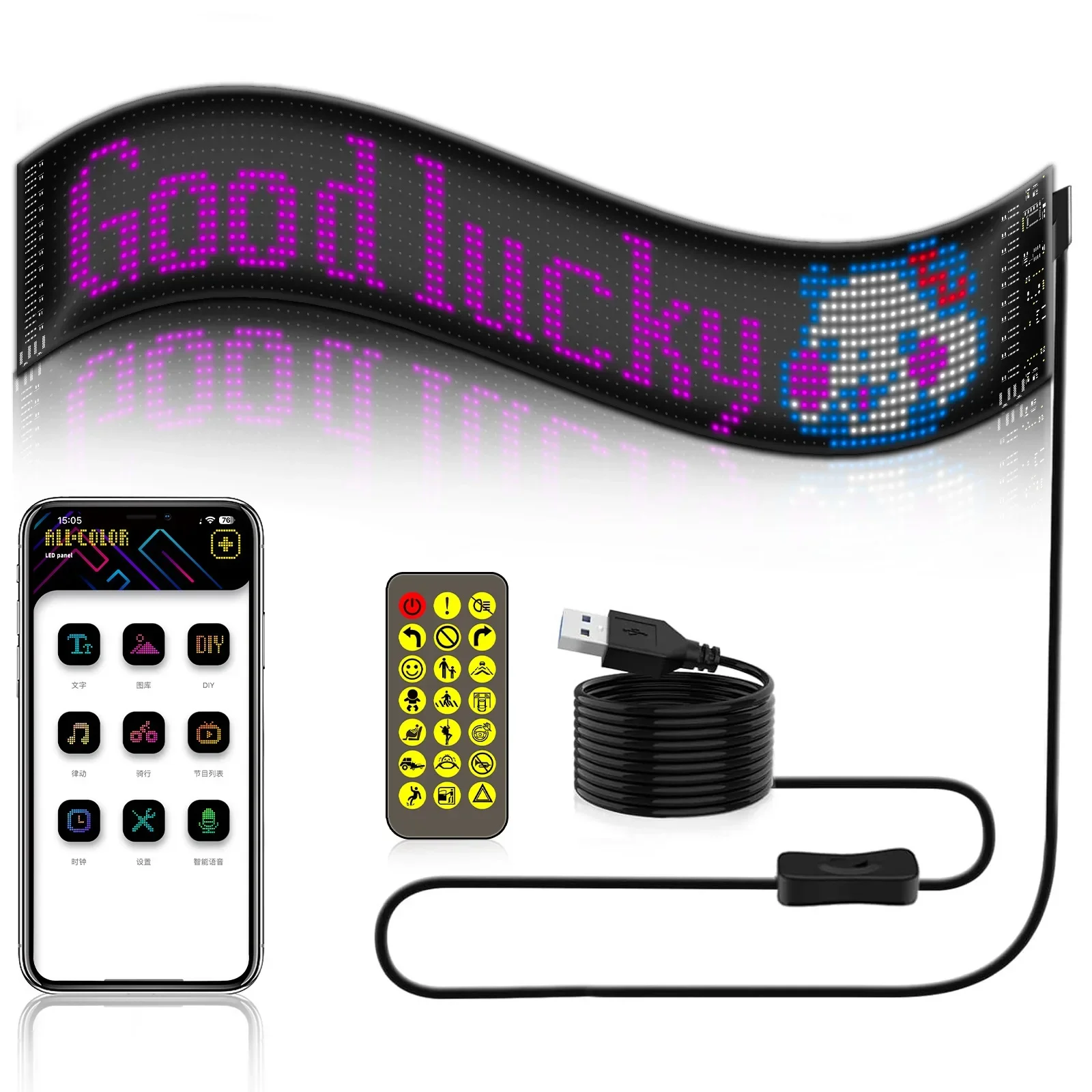 

LED Matrix Pixel Panel Scrolling Bright Advertising RGB Signs Flexible Screen USB 5V LED Car Sign Bluetooth App & Remote Control