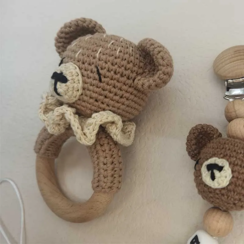 Baby Rattle Crochet Bear Teether Rattle With Bells Pacifier Chain Newborn Montessori Educational Toy Wooden Rings Baby Toys 4