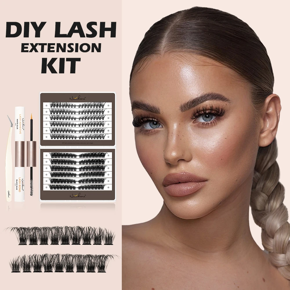 NATUHANA DIY Wimpernverlängerungsset, individuelle Wimpern-Cluster-Mix-Wimpern, komplettes Set Wimpern-Set mit Wimpernbindung und Pinzette zu Hause