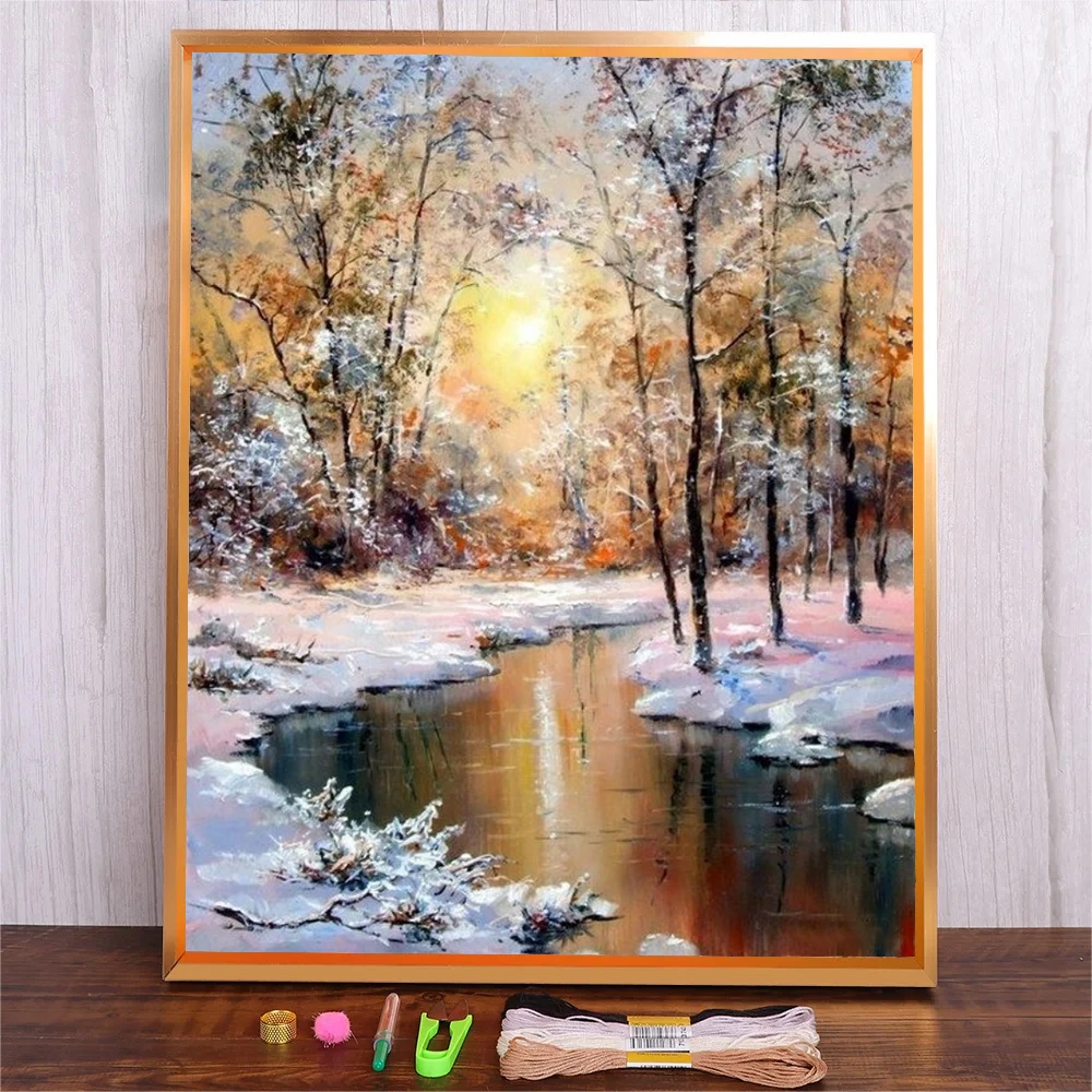 Snow River Landscape Embroidered Kit cross stitch kit For Beginner Handmade DIY Material Pack Cotton Thread Cross Stitch Magic Pock Start Set