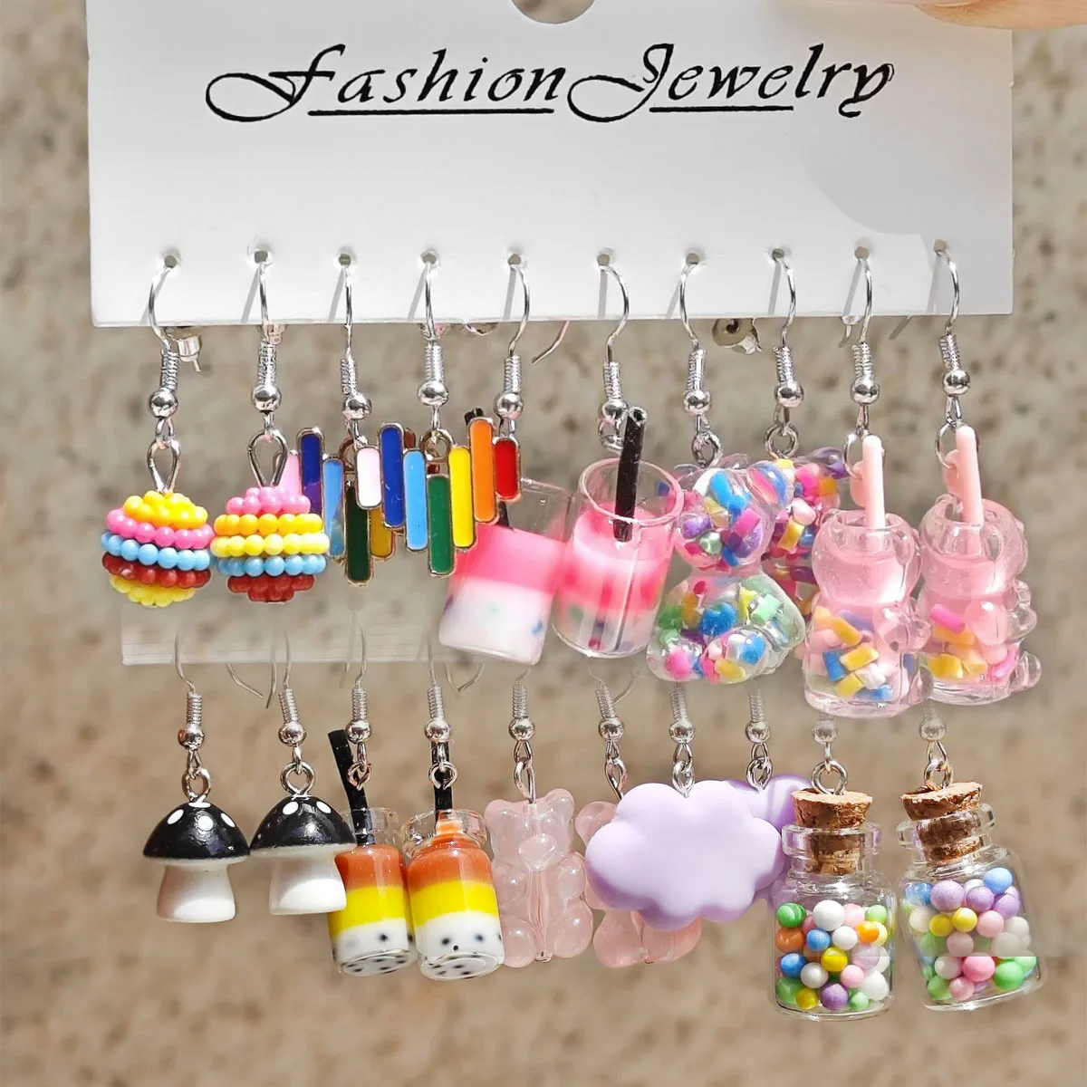 Small Fresh Colored Resin Animal Pendant Earrings Art Sweet and Cute Flower Butterfly Milk Tea Earrings Female 10 Pair Set pendant earrings