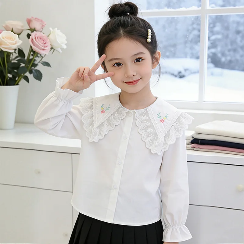 여아 셔츠 봄 2026 코튼 루즈핏 아동용 긴팔 스윗 자수 인형 칼라 블라우스 키즈 아동 상의 의류