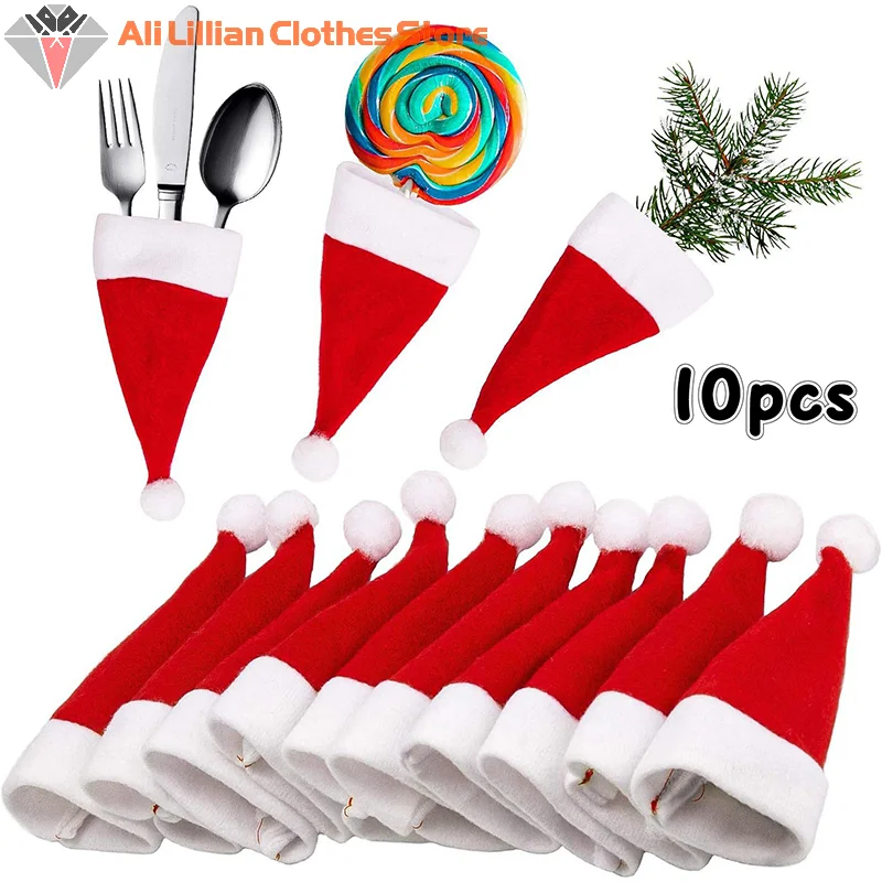 10Pcs Christmas Hats Mini Santa Claus Hat Lollipop Caps Wine Bottle Covers For Xmas Dinner Decoration New Year Party Supplies